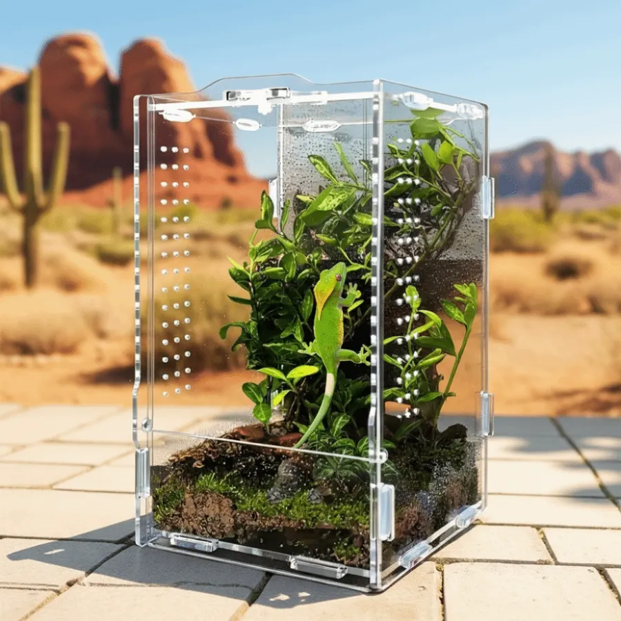 TaranTerra Large Wide terrestrial acrylic enclosure with deep desert substrate for a ground-dwelling tarantula