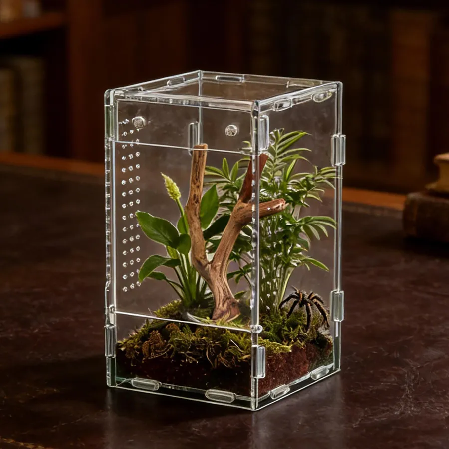 TaranTerra Large Tall arboreal acrylic enclosure with a tarantula resting on vertical cork bark
