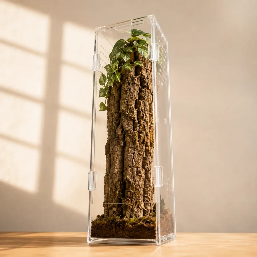 A tall acrylic enclosure with a full-height cork bark column for an adult tree-dwelling tarantula