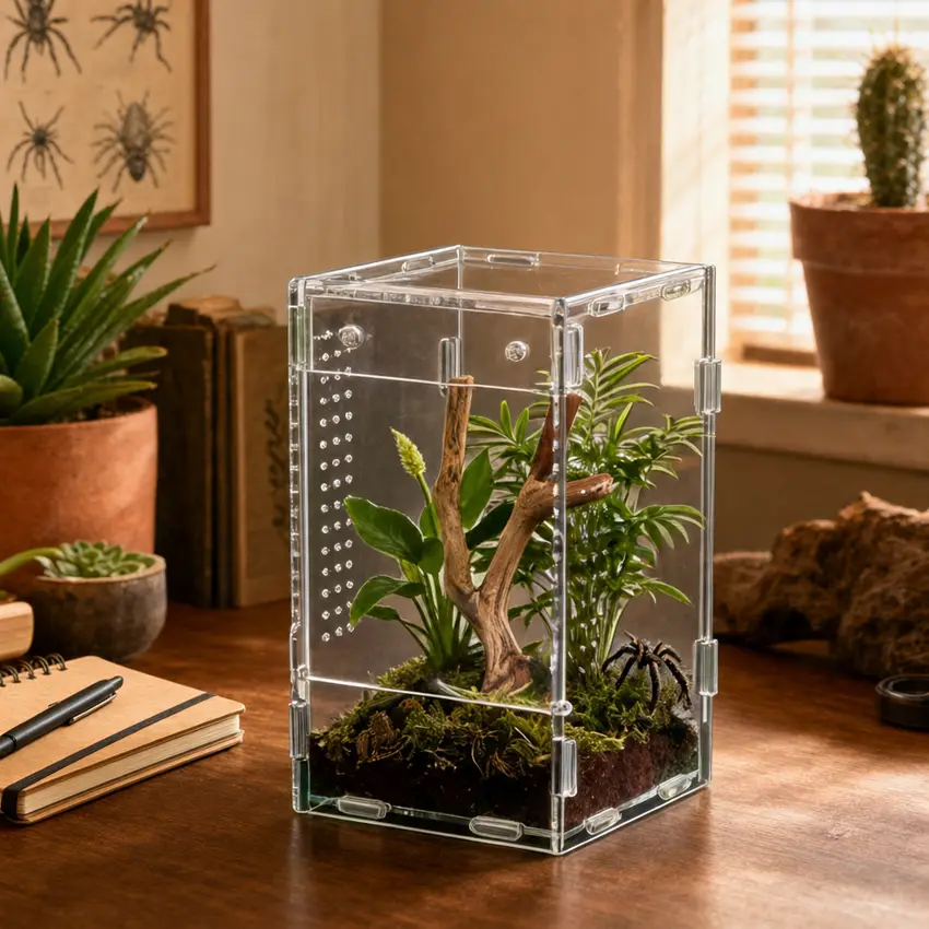 Tall clear acrylic enclosure furnished with a vertical branch, artificial foliage and moss over a dark substrate