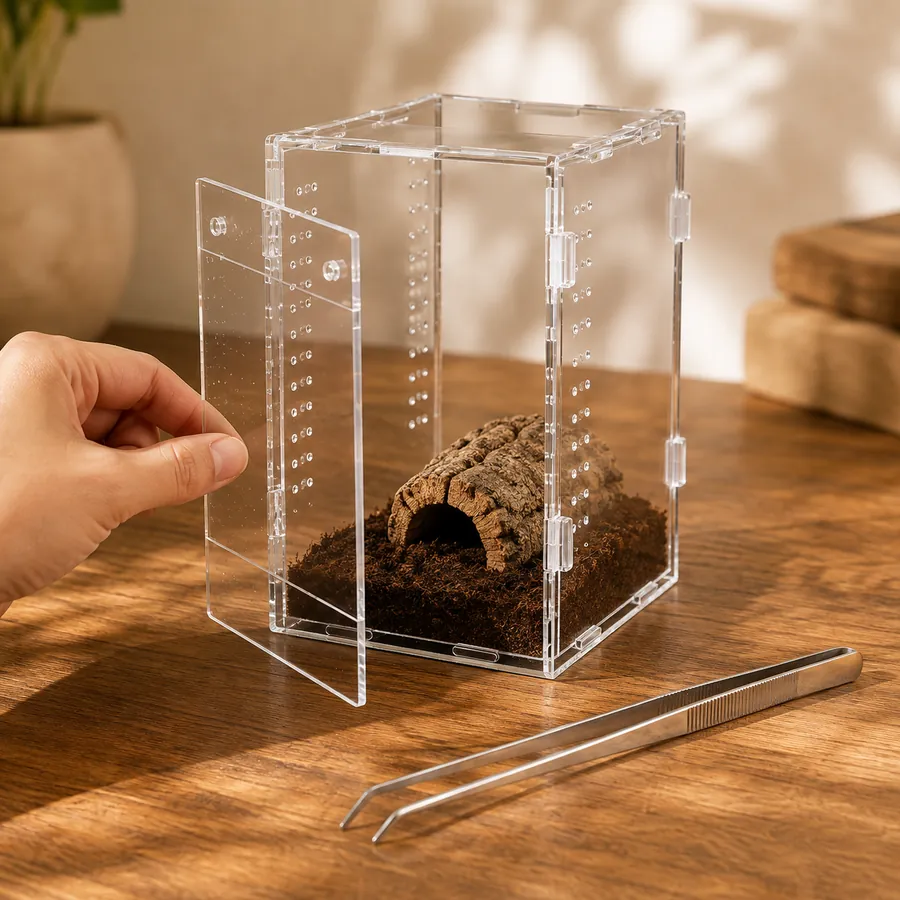 An acrylic enclosure with the front door open beside a pair of long tweezers, the setup used for a spot-clean
