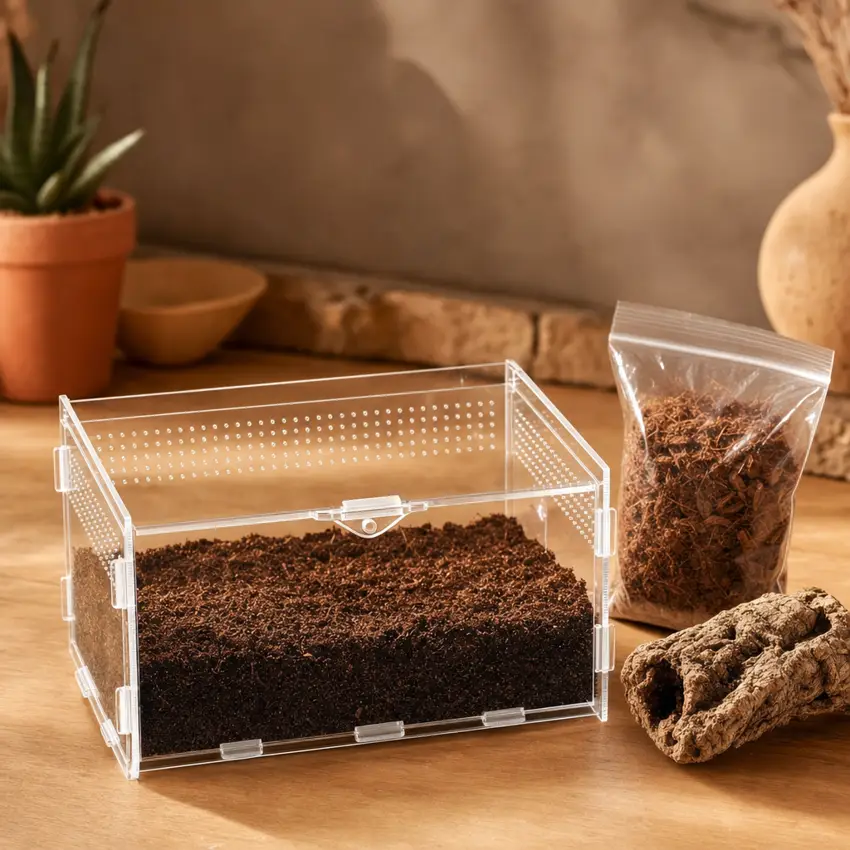 Clear acrylic tarantula enclosure on a desert-toned surface with a natural substrate base