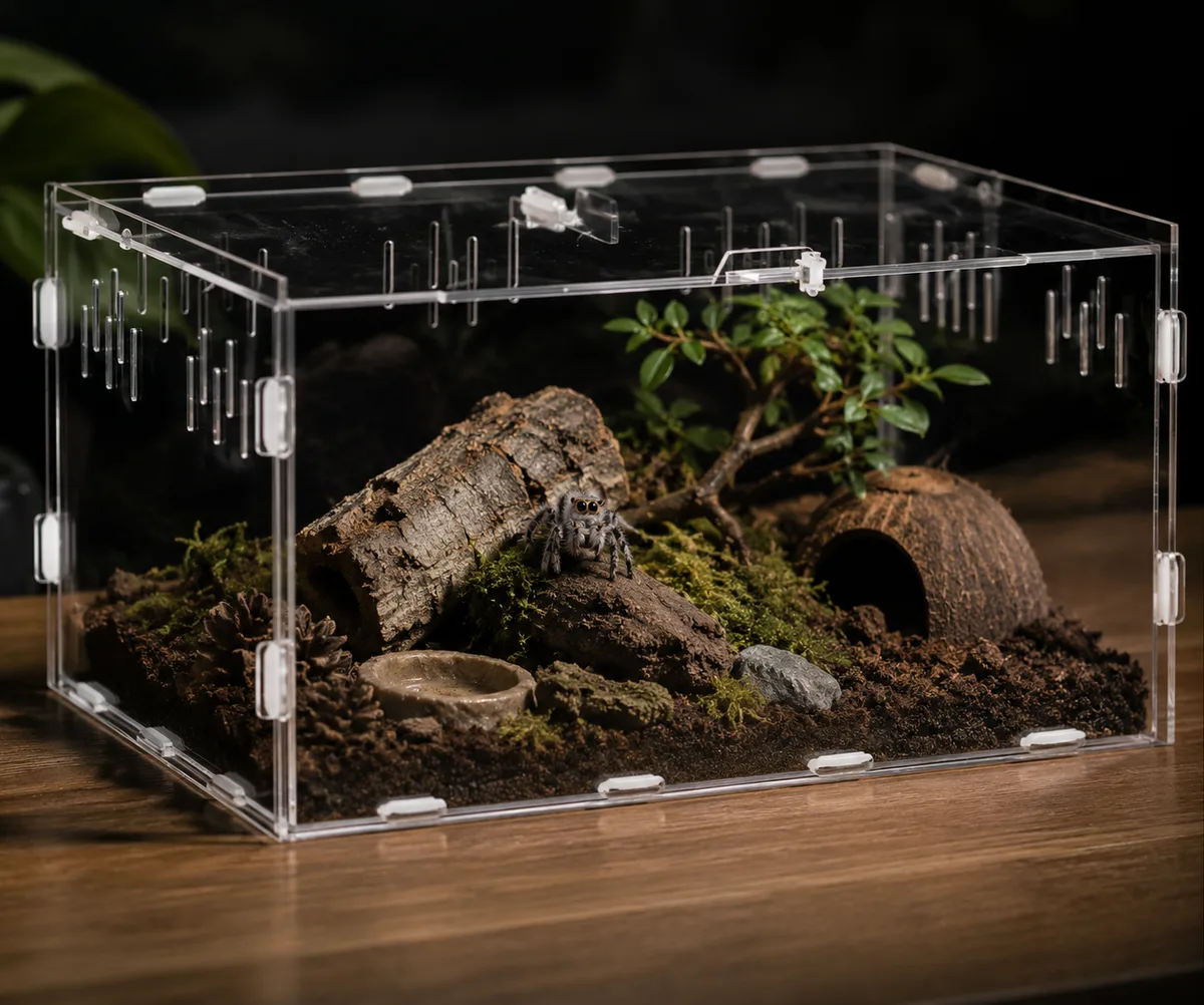Wide acrylic enclosure set up with cork bark and a coco hide for a ground dweller