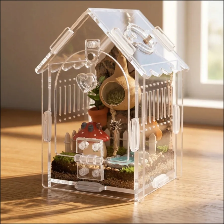 TaranTerra House Small clear acrylic tarantula enclosure with hinged flip door and ventilation rows