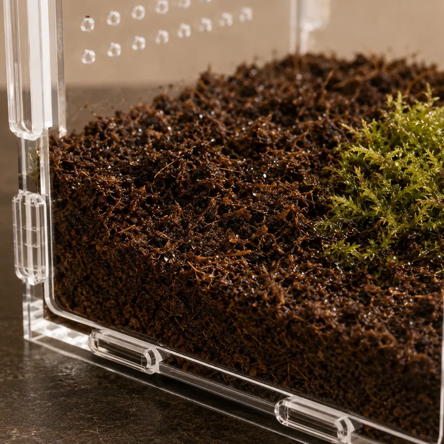 A lightly damp substrate surface with moss in the corner of an acrylic enclosure