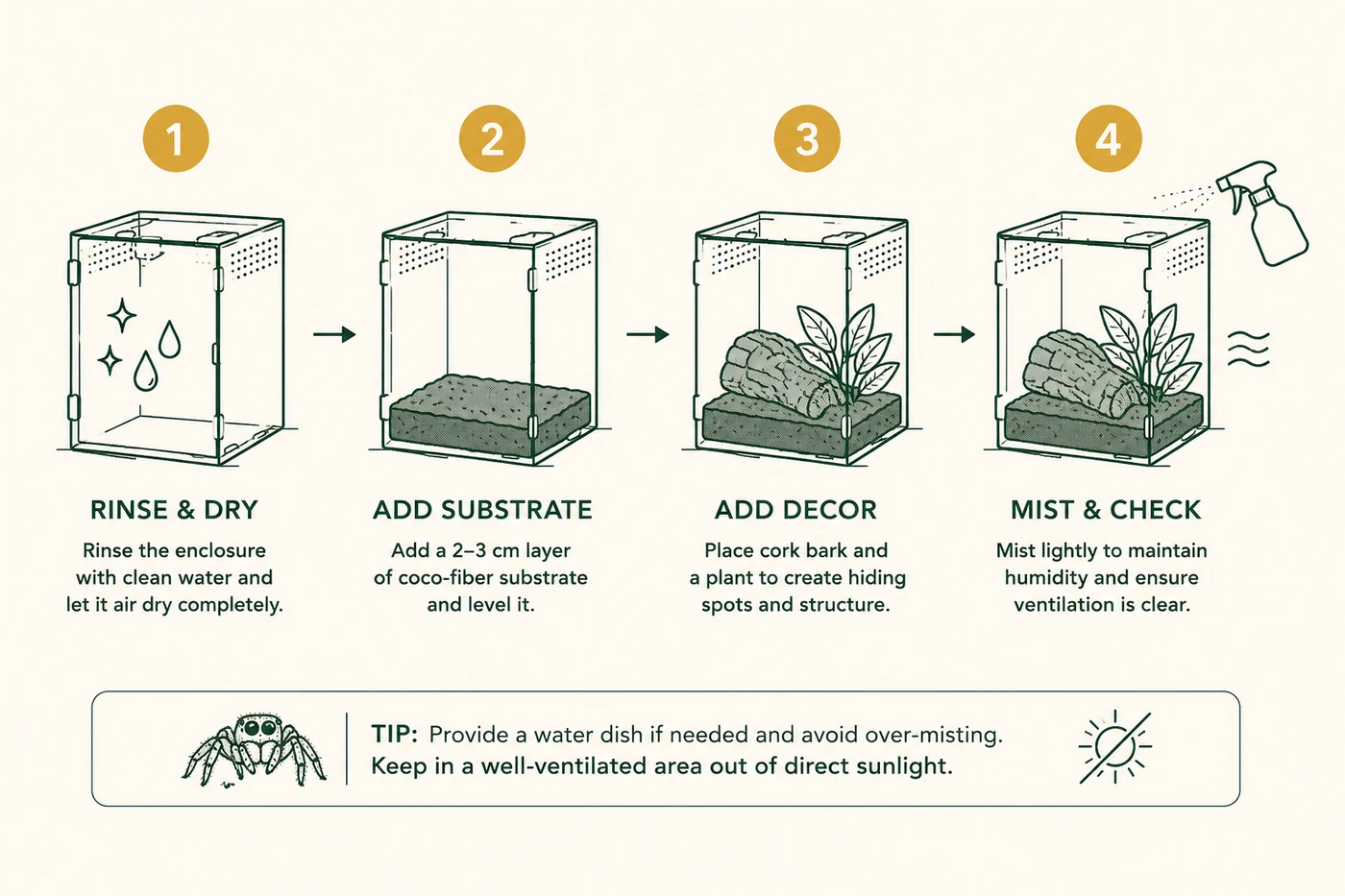 Four-step setup guide: rinse, add substrate, add decor, mist and check