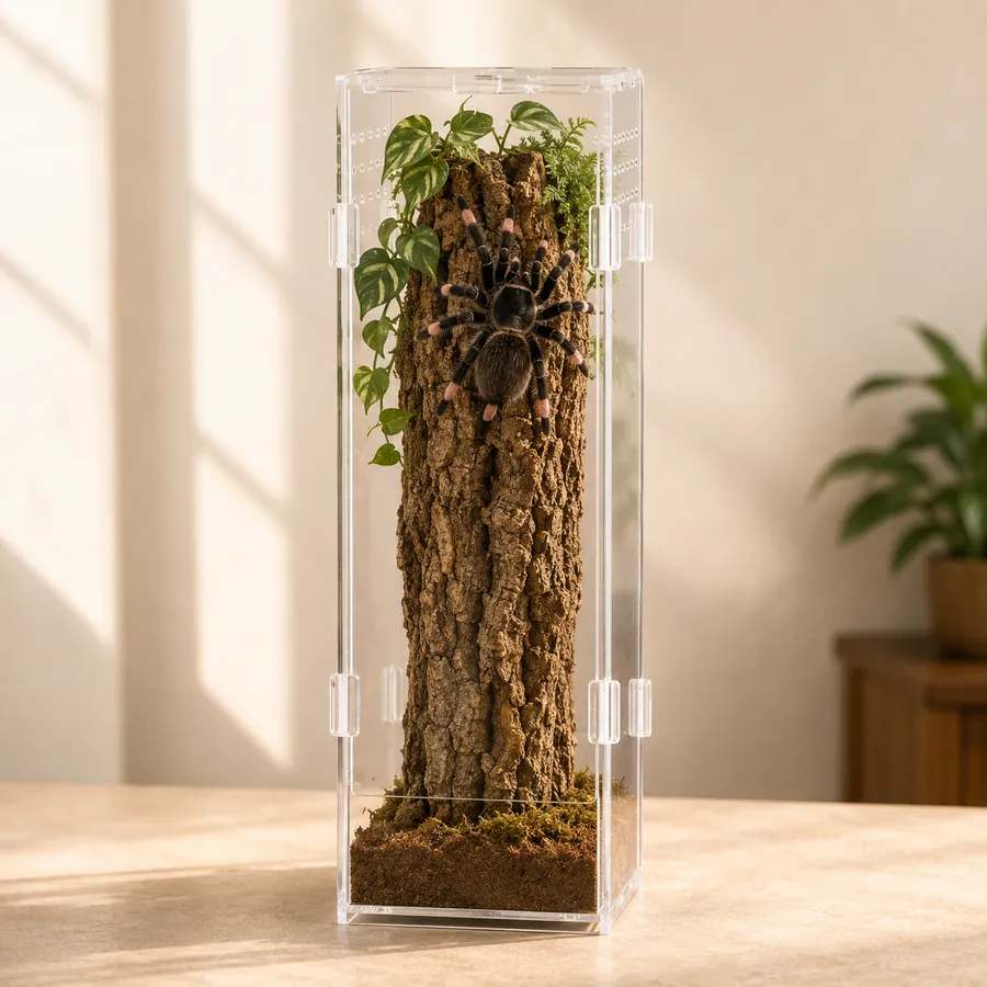 A pink toe tarantula resting high on vertical cork bark inside a planted tall acrylic enclosure