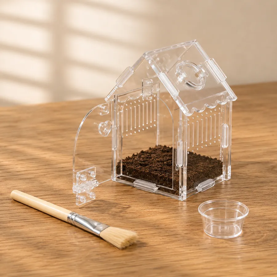 A small house enclosure with its door open beside a soft brush and a clear catch cup, the kit for a rehouse