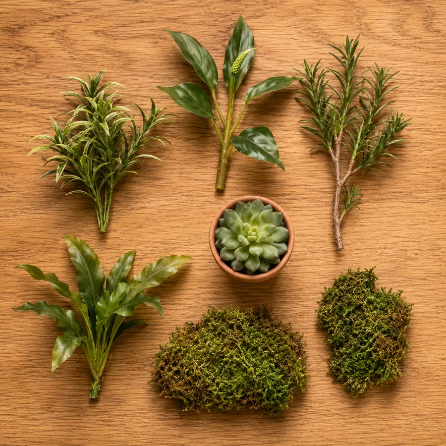 Fake plant sprigs, a small live succulent and cushions of moss laid out on a wooden surface