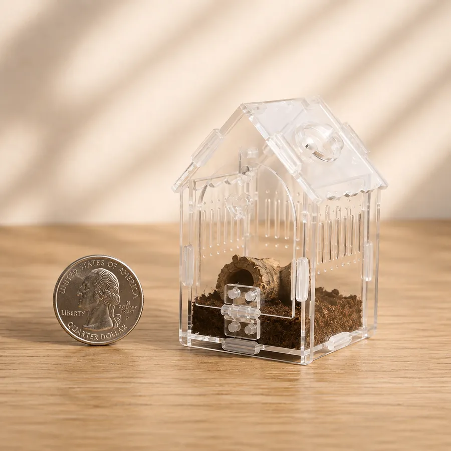 The TaranTerra House sling enclosure beside a US quarter, showing how small a sling home really is