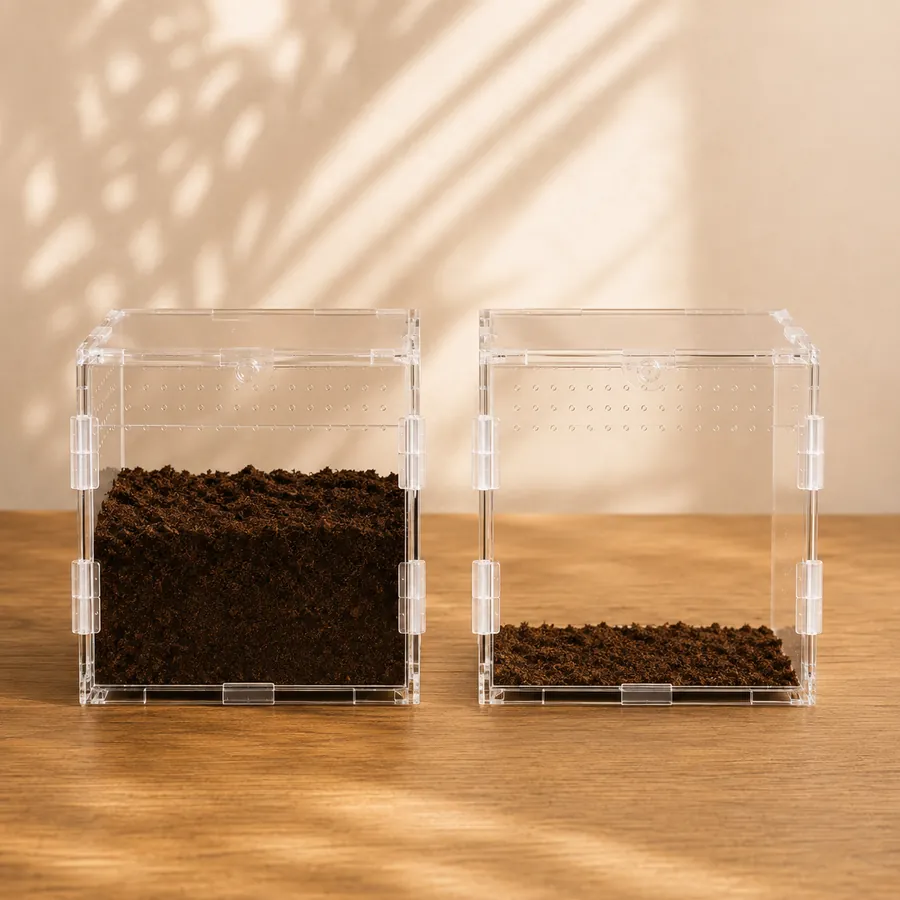 Two acrylic enclosures side by side, one with a shallow substrate layer and one filled deep