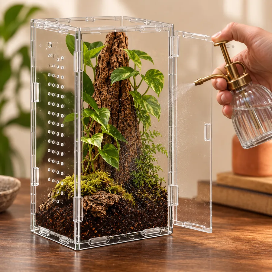 A fine mist sprayed over the planted corner of an acrylic enclosure rather than soaking the substrate