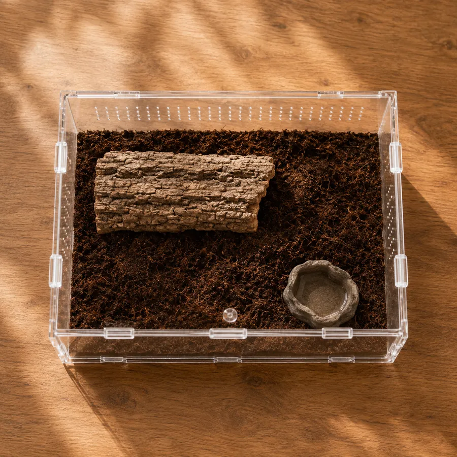 TaranTerra Large Wide terrestrial acrylic enclosure with deep desert substrate for ground-dwelling species