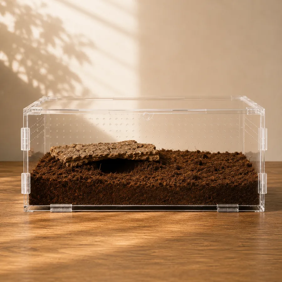 A wide, low acrylic enclosure with a cork bark hide on a broad substrate floor, the terrestrial layout