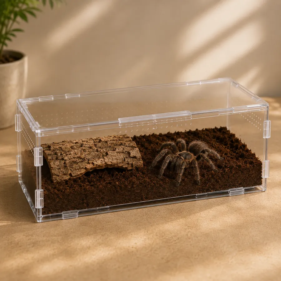 An adult terrestrial tarantula on the substrate of a wide acrylic enclosure beside its cork bark hide
