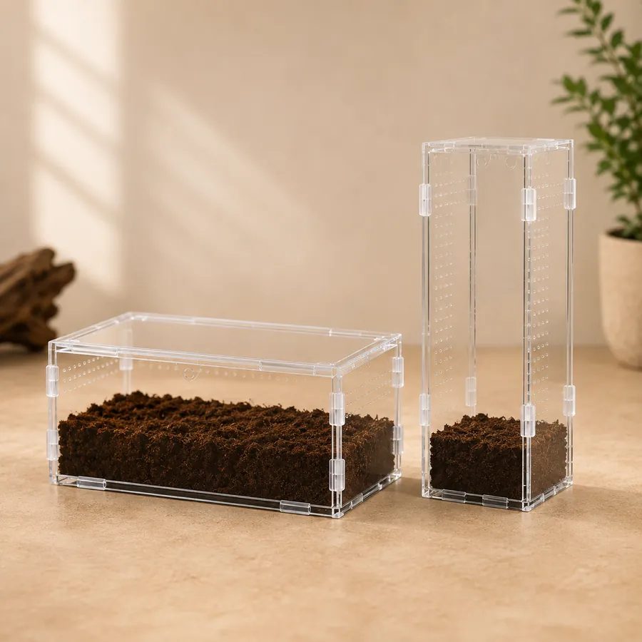 The wide terrestrial enclosure and the tall arboreal enclosure side by side, the same range in two shapes